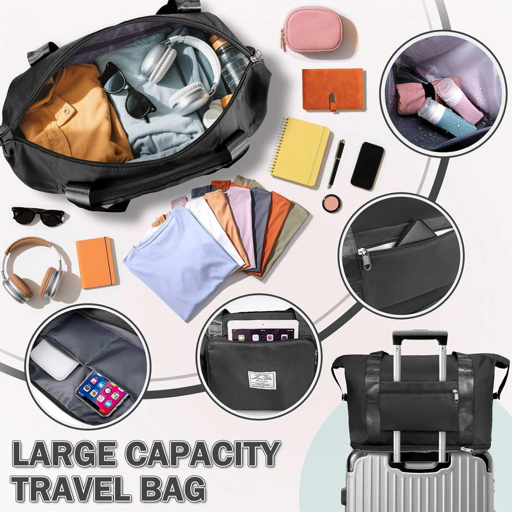 Large Capacity Folding Travel Bag,Expansion Travel Duffel Bag with Dry and Wet Separation Portable Travel Duffel Bag