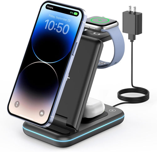 3 in 1 Wireless Charging Station, Foldable Wireless Charger Stand for Multiple Apple Devices for Iphone 17 16-8, Apple Watch Ultra//11/10/9/Se/8/7/6/5, Airpods Pro/4/3/2