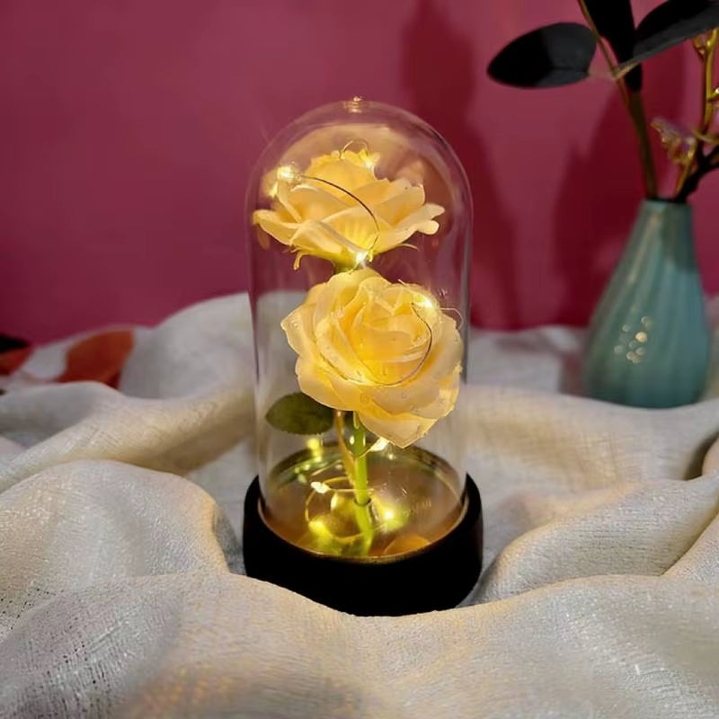 Artificial Flowers LED Red Rose Creative Valentine'S Day Gift Rose in Glass Cover with Stand Light up Rose Wedding Galaxy Rose