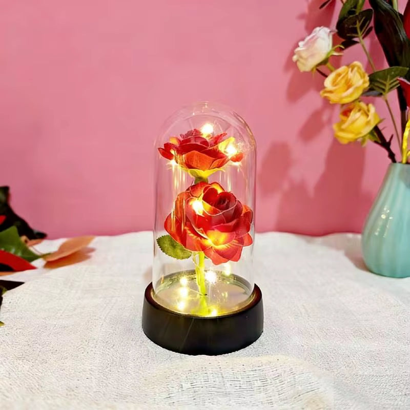 Artificial Flowers LED Red Rose Creative Valentine'S Day Gift Rose in Glass Cover with Stand Light up Rose Wedding Galaxy Rose