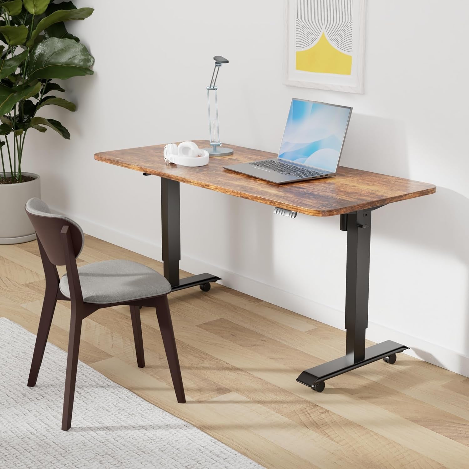 Electric Height Adjustable Standing Desk, 55X24 Inches, Ergonomic Home Office Sit/Stand up Desk with Two-Piece Desktop (Black Steel Frame/Rustic Brown Top)