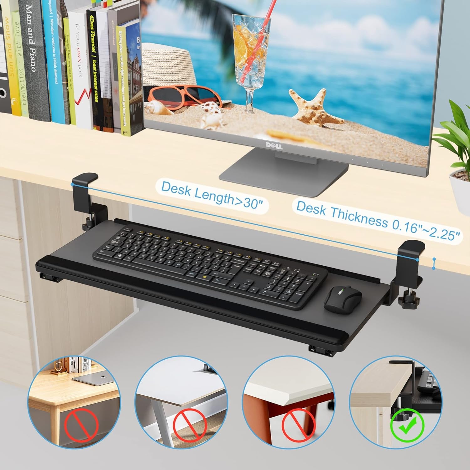 Keyboard Tray under Desk Slide Out,Keyboard Drawer Clamp on Keyboard Tray with Wrist Rest Keyboard Holder for Home Office School 26" (30" Including Clamps) X 10" Dark Gray