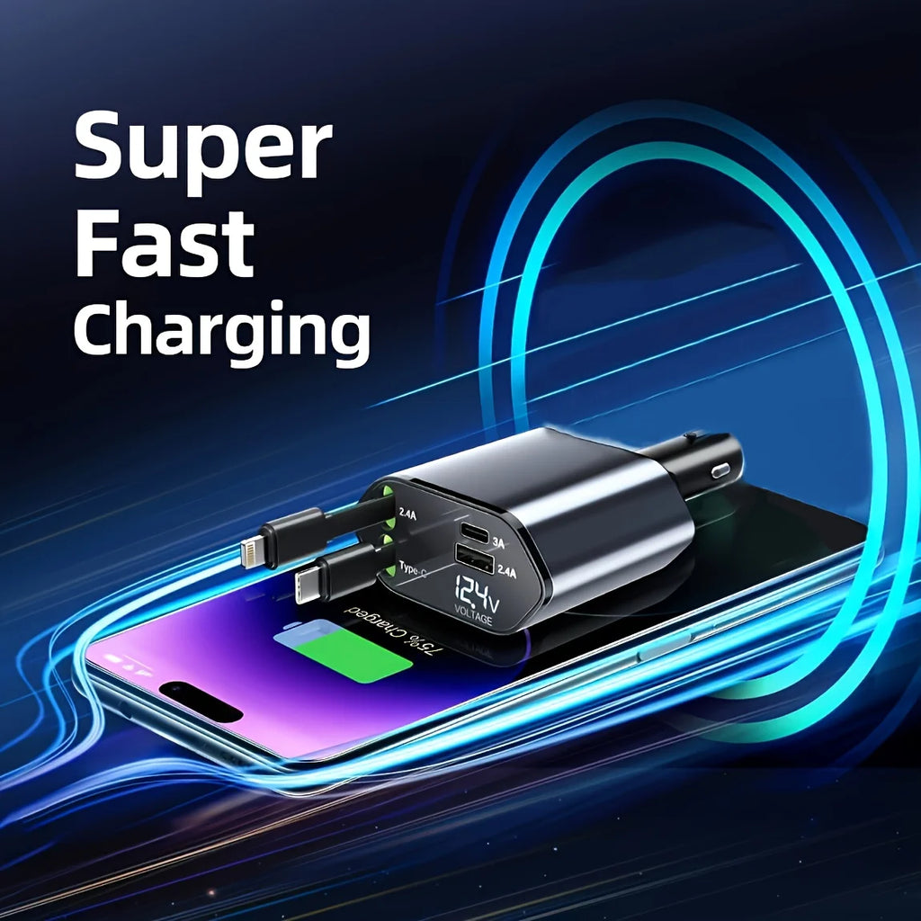 Retractable Car Charger 4 in 1 Fast Car Phone Charger 120W with USB Type C Cable