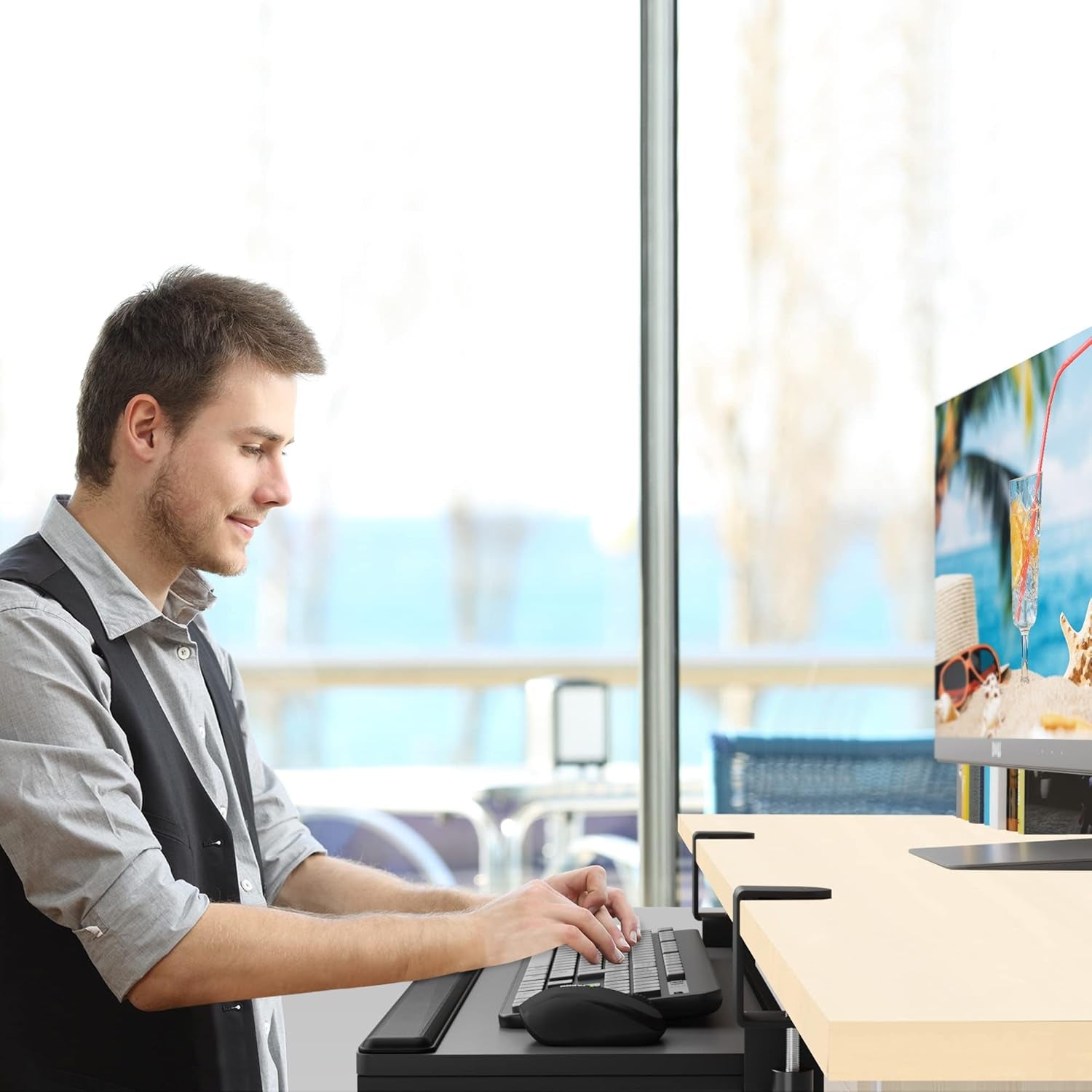Keyboard Tray under Desk Slide Out,Keyboard Drawer Clamp on Keyboard Tray with Wrist Rest Keyboard Holder for Home Office School 26" (30" Including Clamps) X 10" Dark Gray