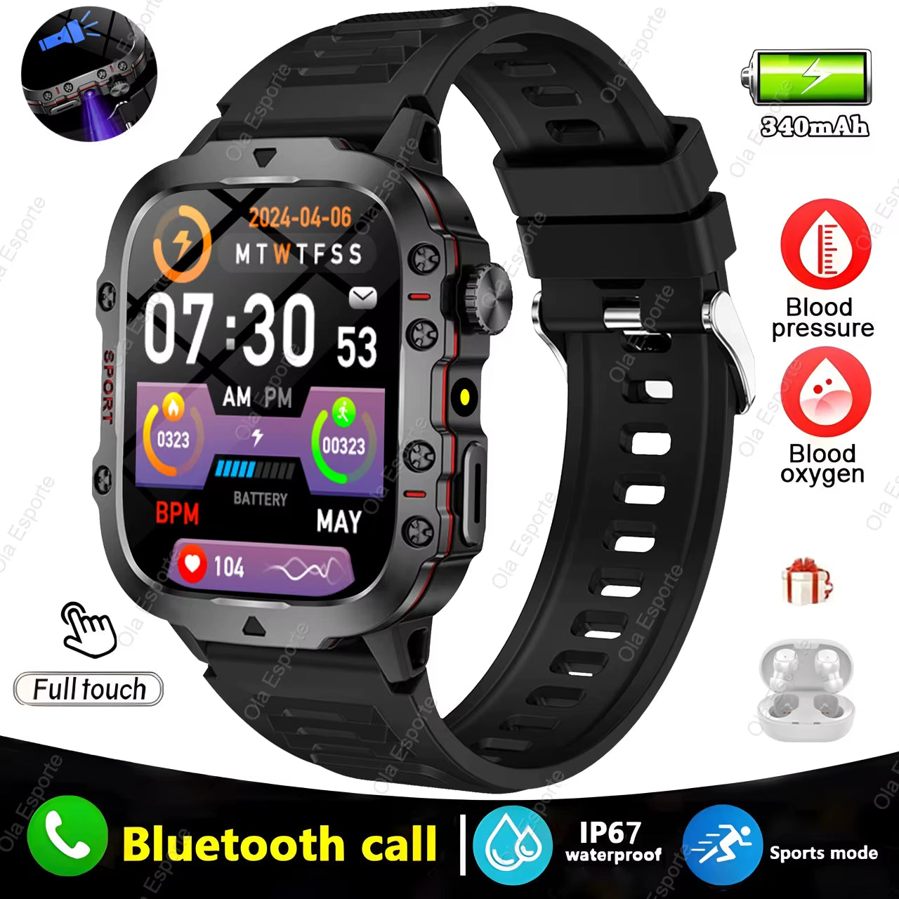 Original Men Smartwatch Flashlight Bluetooth Call Fitness Clock IP68 Waterproof Sports Men for Android IOS Smart Watch 2025 New